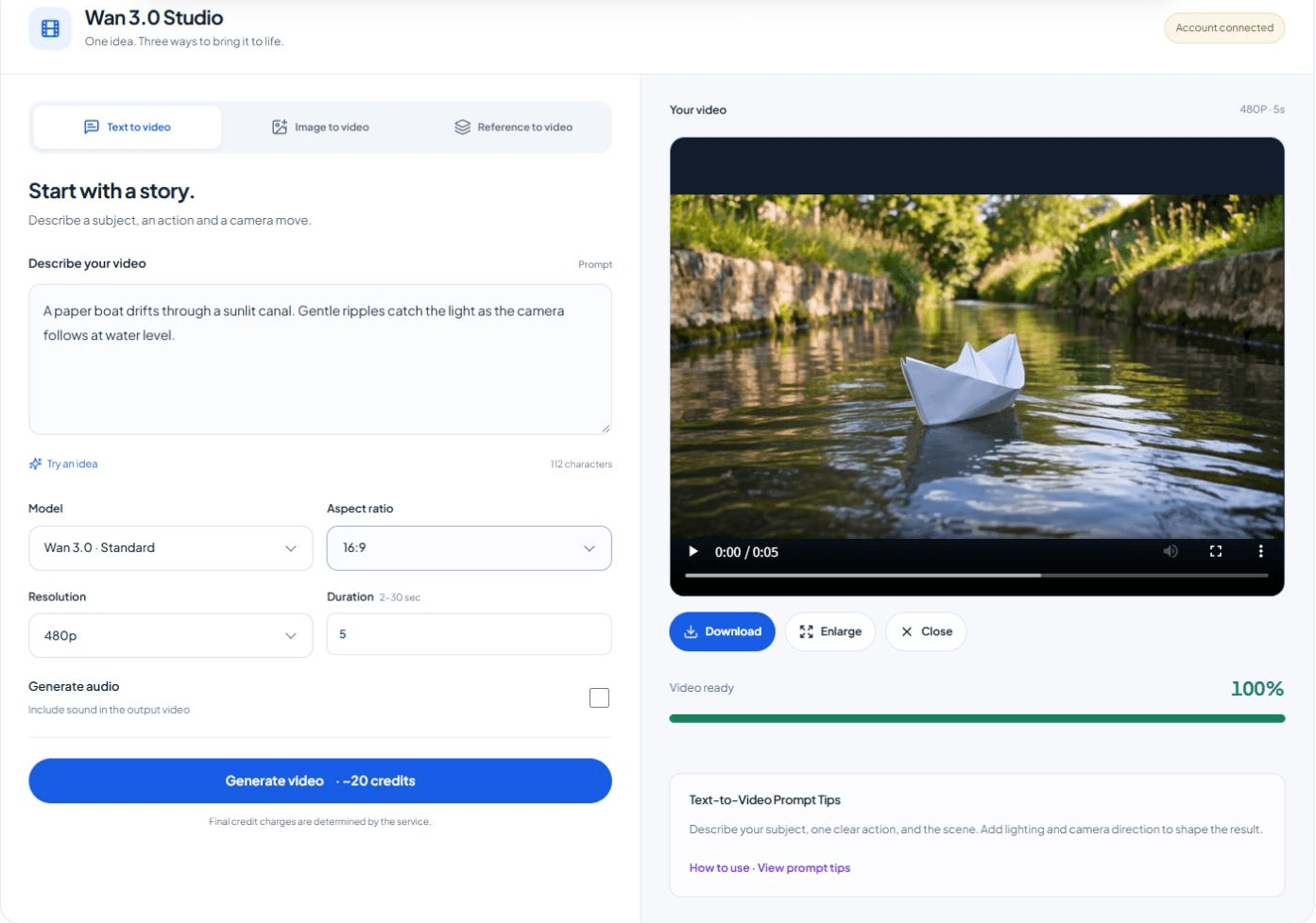 Real completed paper-boat video with Download, Enlarge and Close controls